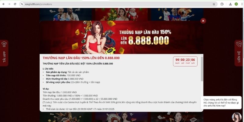 Thưởng nạp đầu lên đến 100% hỗ trợ thêm vốn cá cược 